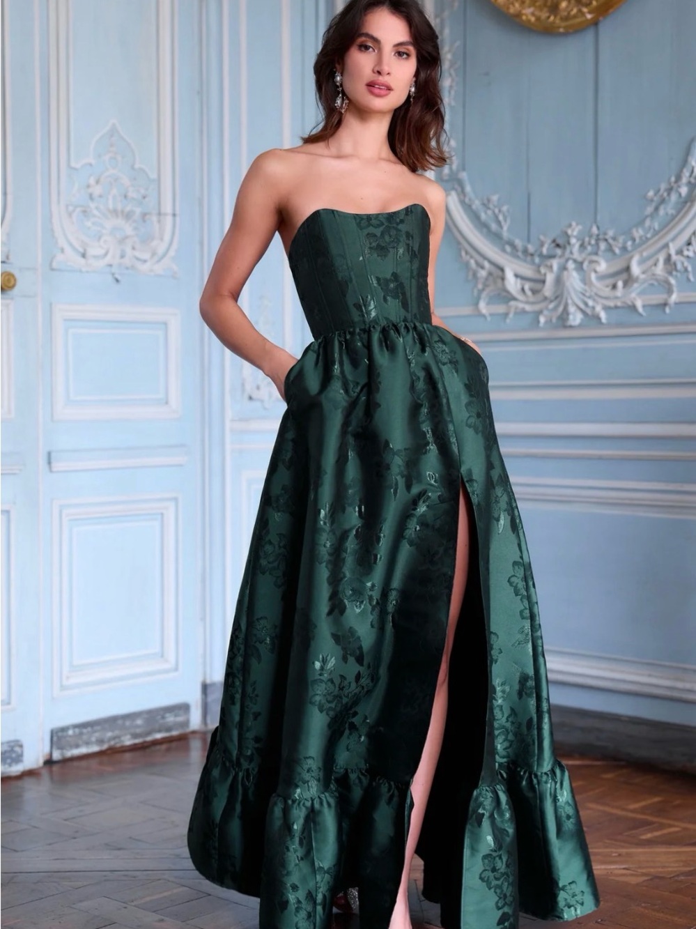 V. Chapman Charlotte Dress Strapless Dark Green Jacquard Gown with High Slit